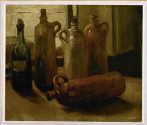 Nature morte avec cinq bouteilles... (huile sur toile)