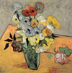 Nature morte avec vase japonais, roses et anémones