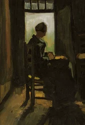 Femme assise devant une porte ouverte, épluchant des pommes de terre, 1885