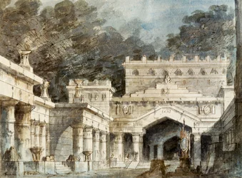 Décor de Francesco Bagnara pour la cinquième scène de Norma, opéra de Vincenzo Bellini, joué au Théâtre La Fenice à Venise