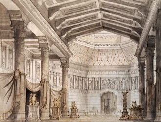 Décor de Francesco Bagnara pour la deuxième scène de Norma, opéra de Vincenzo Bellini, joué au Théâtre La Fenice à Venise