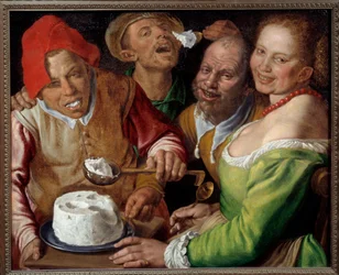 Mangeurs de ricotta : personnages aux visages expressifs et grotesques mangeant du fromage avec une louche