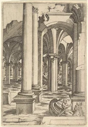 Bateaux ramés à travers des ruines inondées, vers 1550-62
