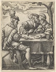 Deux hommes et une femme jouant aux cartes à une table, un homme appuyant son nez vers..., vers 1535-62