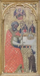 Saint Pierre bénit un pèlerin, vers 1350 (tempera sur panneau)