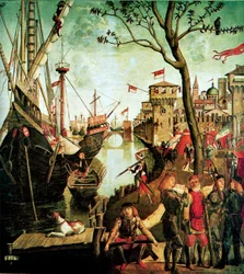 Arrivée de Sainte Ursule à Cologne pendant le siège par les Huns La Légende de Sainte Ursule, 1490