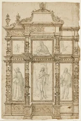 Étude pour un retable avec six images dans une structure ornée de cadres. Haut : La stigmatisation de Saint François, Madone et Enfant, Saint Jérôme dans le désert ; bas : Saints Laurent, Sébastien et Roch