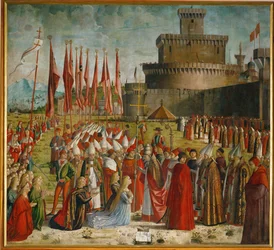 Les pèlerins rencontrent le pape Cyriaque devant les murs de Rome (peinture)