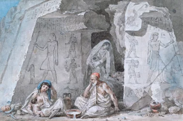Famille égyptienne devant une tombe ancienne, 19ème siècle