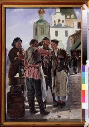 Vendeur de kvas (Kwass). Boisson fermentée et pétillante, légèrement alcoolisée et populaire, surnommée bière de pain, boisson nationale russe - Vladimir Iegorovitch Makovski (Makovsky, Makovskij) (1846-1920)