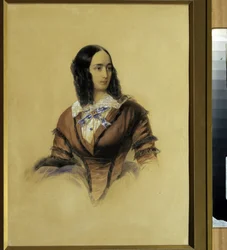 Portrait de Natalia Gontcharova (1812-1863), épouse du poète Alexandre Pouchkine (1799-1837). Œuvre de Vladimir Ivanovitch Hau (Gau) (1816-1895), aquarelle sur carton