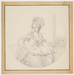 Jeune dame feuilletant un folio sur ses genoux