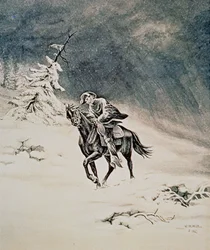 Cavalier du Pony Express dans les montagnes de la Sierra Nevada