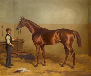 Sir Hugo à trois ans tenu par un palefrenier dans une écurie, c.1875-92