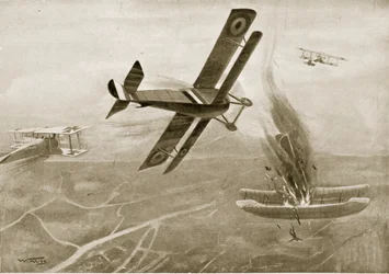 Combat aérien du capitaine Hawker contre trois avions allemands, 25 juillet 1915, illustration tirée de «L