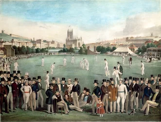 Un match de cricket entre le Sussex et le Kent en 1840, publié par S. Lipschitz, Londres, c.1849 (gravure en couleur)