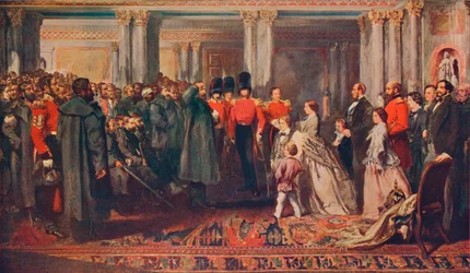 La reine Victoria remettant des médailles aux gardes après la guerre de Crimée, 1856