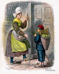 Femme française et enfant vendant des fruits