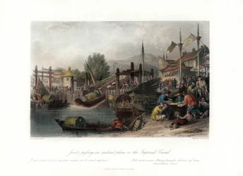 Jonques passant un plan incliné sur le canal impérial, Chine, vers 1840