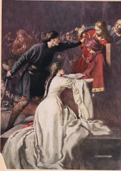 Hamlet force le roi à boire du poison, extrait de « Hamlet » de William Shakespeare, édition publiée par Hodder et Stoughton en 1915