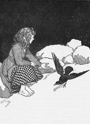 Soudain, un grand corbeau sauta sur la neige devant elle, vers 1930