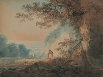 Paysage avec arbre au premier plan à droite, charrette et figures de femme et enfant