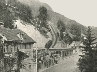 Point de départ du chemin de fer du Pilatus, Alpnachstad, Suisse, 1895