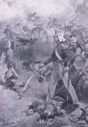 Chilianwala, 13 janvier 1849 : Le corps de Pennycuick gardé par son fils, illustration de British Battles on Land and Sea, 1915