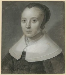 Buste d’une jeune femme tournée à demi vers la gauche, avec une coiffe de gaze noire et un large col lisse
