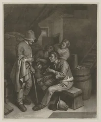 Trois hommes et une femme dans la taverne