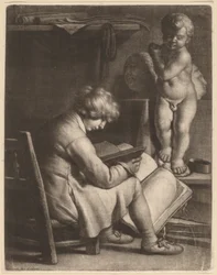 Jeune artiste avec une statue de Cupidon