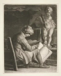 Jeune homme avec une statue de Cupidon