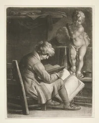 Jeune homme avec une statue de Cupidon