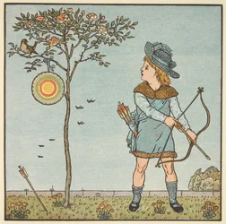 Illustration en couleurs pour « Le petit moineau mâle ». Un petit garçon avec un arc et une flèche, sur le point de tirer sur un oiseau dans un arbre. Une comptine.