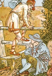 Jog On, Jog On, illustration de chanson tirée de Pan-Pipes, A Book of Old Songs, Newly Arranged and with Accompaniments by Theo. Marzials, publié à Londres par George Routledge & Sons, 1884