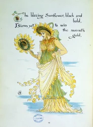 La fleur de tournesol personnifiée dans une jeune femme vêtue de jaune et de vert
