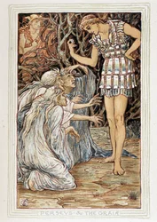 Persée et les Graia (Béotie, Grèce) - Il rencontre trois vieilles femmes (sorcières ?) - dans A wonder book for girls and boys par Walter Crane (1845-1915)