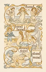 Mots rimant se terminant par la lettre D. Sirènes. Enfants construisant des châteaux de sable sur une plage. Le primer doré
