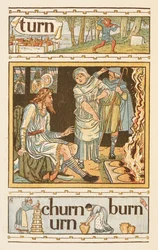 Mots rimant se terminant par la lettre N. Une illustration montrant peut-être le roi Alfred et les gâteaux brûlés. Le Golden primer.