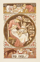Mots rimant se terminant par la lettre P. Une illustration montrant une femme nourrissant un enfant. Le primer doré