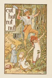 Mots rimant se terminant par la lettre T. Une illustration montrant un homme coupant un arbre. Trois enfants sont avec lui. Le primer doré