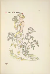Rose La France. Une jeune femme sentant un bouquet de fleurs