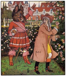 Le père de la belle cueille des roses dans le jardin de la betterave. Illustration de Walter Crane (1845-1915) dans "Beauty and the Bete", Angleterre.