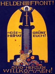 Affiche allemande de la Première Guerre mondiale Héros du front, la patrie vous salue ! Bienvenue pub. 1915