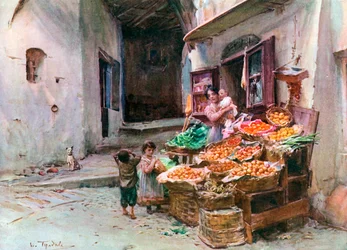 Un étal de fruits à San Remo (lithographie couleur)