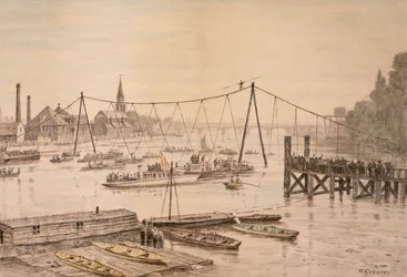 Charles Blondin traversant la Tamise sur une corde raide, Londres, avant 1897