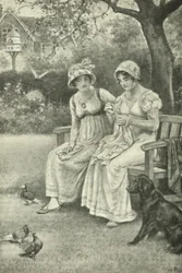 Jane Austen, cousant, avec sa sœur Cassandra dans le jardin du presbytère