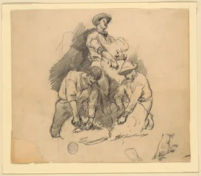 Trois hommes à la tonte des moutons