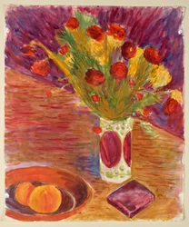 Vase de fleurs et coupe de fruits