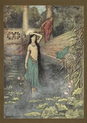 Frontispice: "Elle sortit en courant du palais... et arriva dans le monde supérieur." de Folk-Tales of Bengal ... Avec 32 illustrations en couleur par Warwick Goble (Edition de luxe)